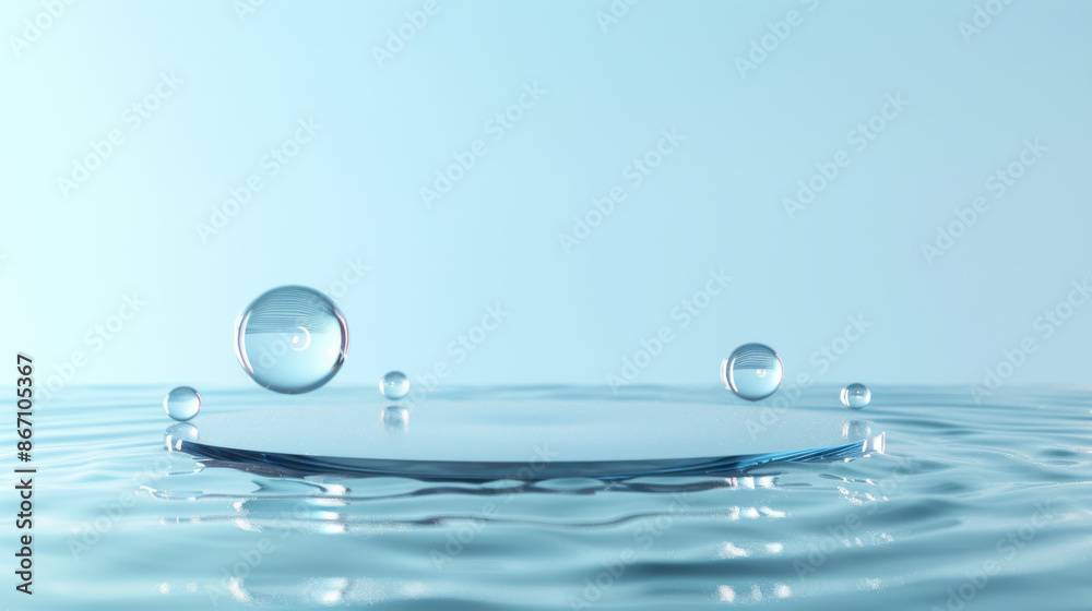 a circular platform on a rippling water surface, transparent floating spheres, central perspective, light blue gradient background a circular platform on a rippling water surface, transparent floating spheres, central perspective, light blue gradient background