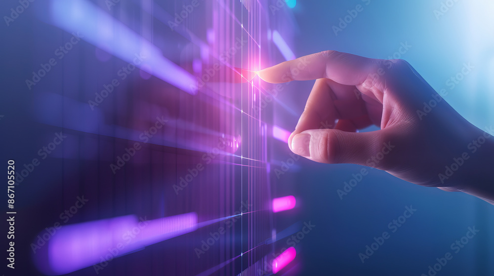 Hand interacting with futuristic digital interface, touching a virtual ...