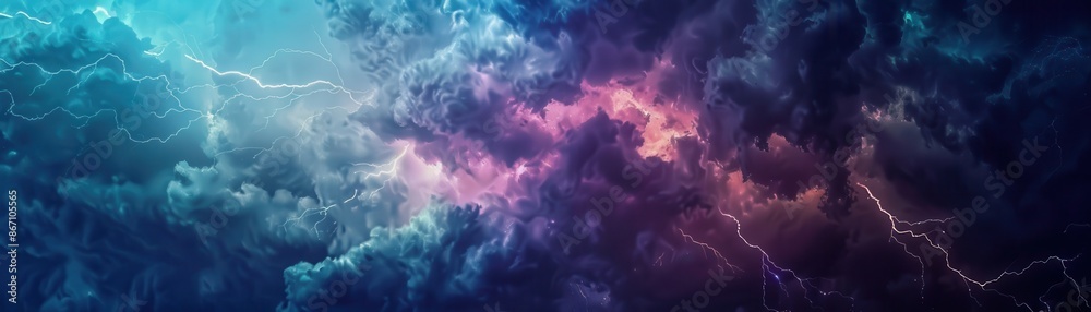 Fototapeta premium Dramatic stormy sky with colorful lightning, showcasing the power and beauty of nature's forces in a vibrant atmospheric scene.