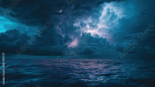 Dramatic stormy seascape with lightning illuminating the dark clouds over the ocean, showcasing the power and beauty of nature.