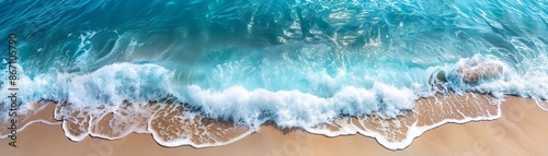 birds eye view of shoreline with waves, beach element, photorealistic, soft pastel blue, isolated on white background