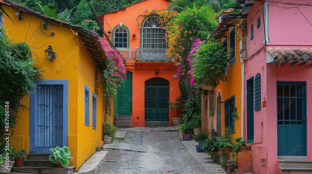 High-angle view of the colorful houses and narrow streets of the Santa Teresa neighborhood in Rio de Janeiro High-angle view of the colorful houses and narrow streets of the Santa Teresa neighborhood in Rio de Janeiro