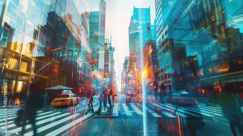 City streets with skyscrapers, busy intersections, modern architecture, dynamic energy, focus on, copy space, vibrant colors, Double exposure silhouette with urban hustle