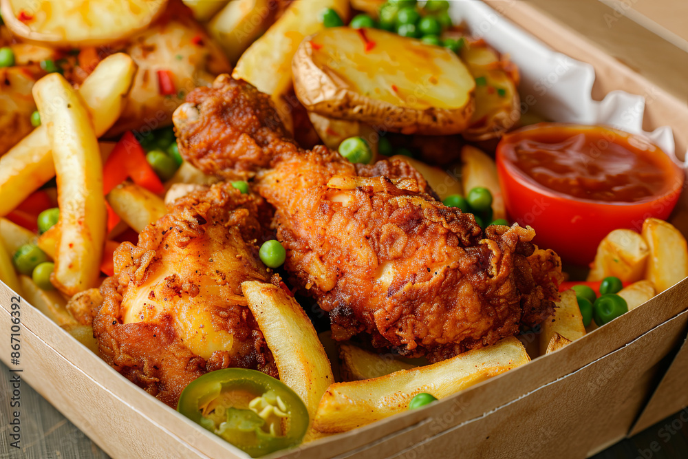 Irish spice bag takeaway food with potato fries, fried chicken, vegetables, and curry sauce Irish spice bag takeaway food with potato fries, fried chicken, vegetables, and curry sauce