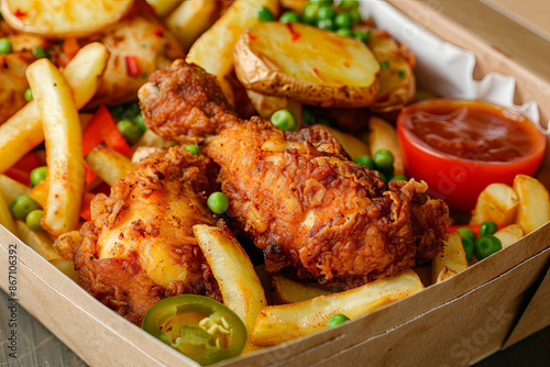 Irish spice bag takeaway food with potato fries, fried chicken, vegetables, and curry sauce photo