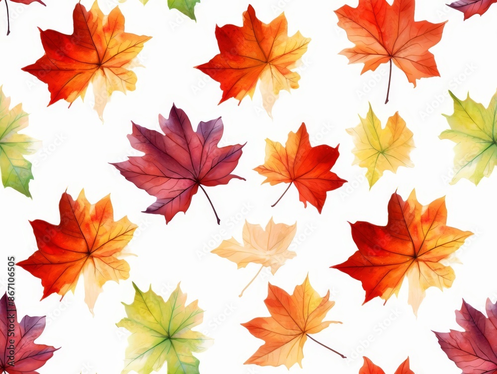Maple leaves in various colors pattern, seasonal theme, watercolor style, vibrant fall colors, isolated on white background Maple leaves in various colors pattern, seasonal theme, watercolor style, vibrant fall colors, isolated on white background