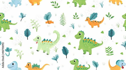 Baby dinosaurs and leaves pattern, playful nursery, cartoon illustration, vibrant hues, isolated on white background