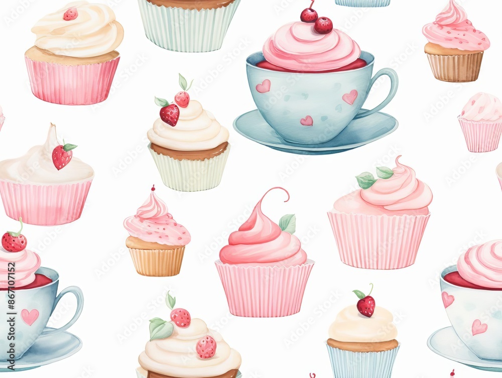 Cupcakes and tea cups pattern, afternoon tea, watercolor style, soft pastels, isolated on white background Cupcakes and tea cups pattern, afternoon tea, watercolor style, soft pastels, isolated on white background
