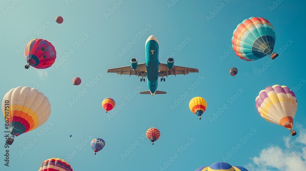 Fototapeta premium Colorful Air Balloon Festival with Airplane Flying Overhead in Clear Blue Sky