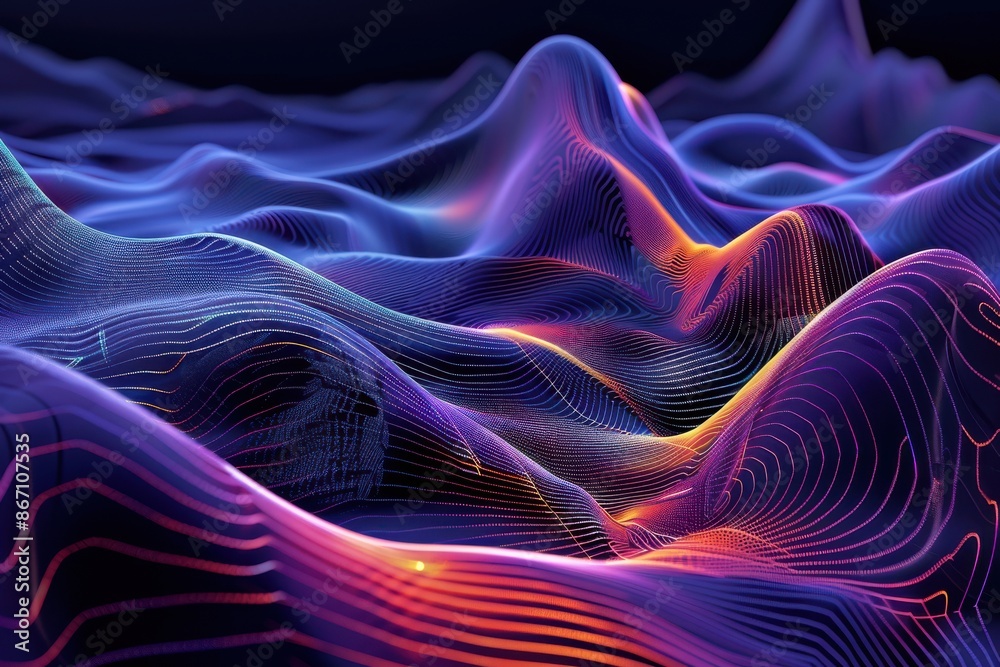 Abstract vibrant colorful digital landscape background, with neon lights, flowing lines and waves. Perfect for technology, music, or modern art concepts.