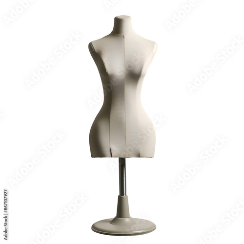 Tailor's dress form mannequin on a stand, ideal for fashion design, dressmaking, and sewing projects. White color. Isolated on a white background.