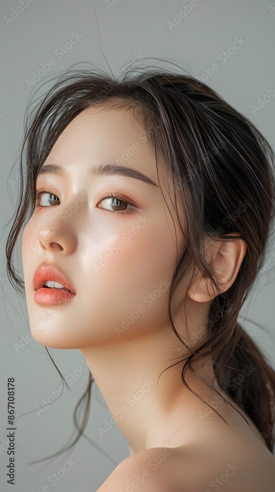 Alluring Asian Beauty in Serene Studio Portrait with Clear Space Alluring Asian Beauty in Serene Studio Portrait with Clear Space
