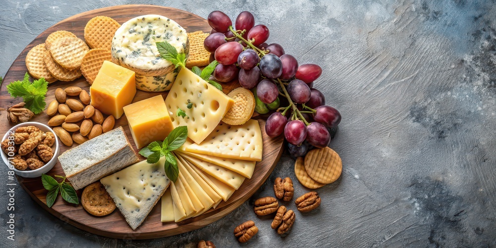 Assortment of cheese platter with various cheeses, grapes, nuts, and crackers, cheese platter, charcuterie Assortment of cheese platter with various cheeses, grapes, nuts, and crackers, cheese platter, charcuterie