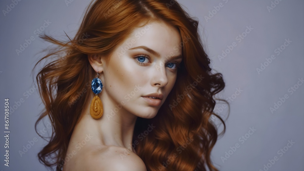 A woman with long red hair gazes into the distance, her eyes full of emotion. She is adorned with large, orange, leaf-shaped earrings that dangle from her ears. A woman with long red hair gazes into the distance, her eyes full of emotion. She is adorned with large, orange, leaf-shaped earrings that dangle from her ears.