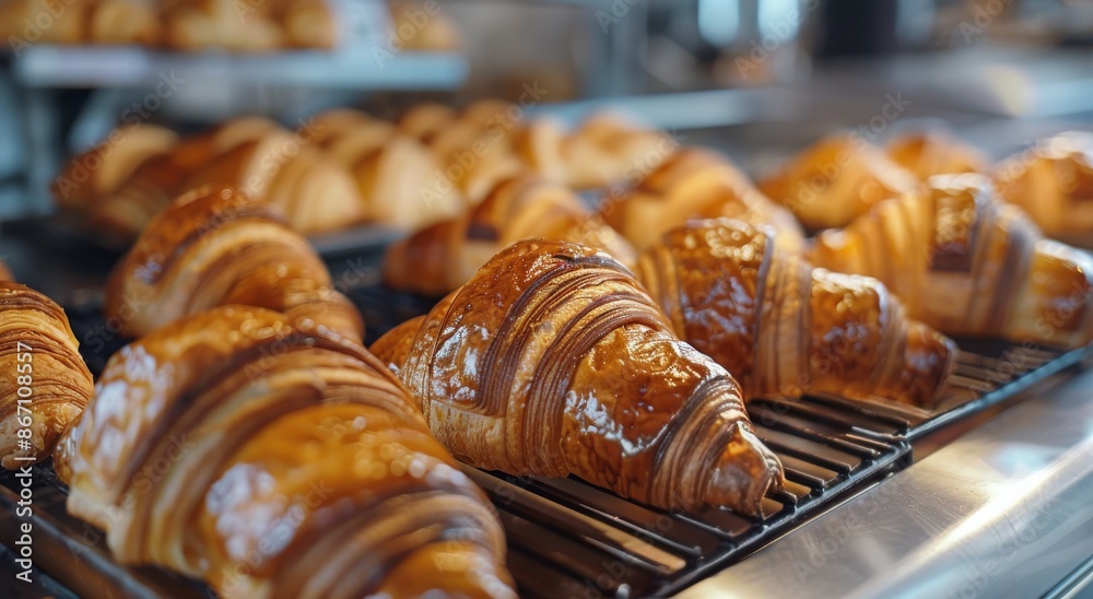 Freshly Baked Croissants on a Cooling Rack in a Bakery Freshly Baked Croissants on a Cooling Rack in a Bakery