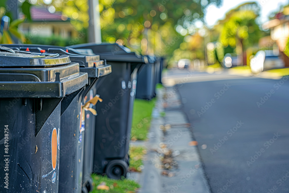 Row of garbage bins ready for collection on a residential street, waste management Row of garbage bins ready for collection on a residential street, waste management