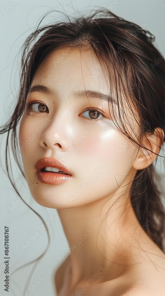 Naklejka premium Captivating Portrait of Enchanting Asian Beauty Exuding Radiant Elegance and Serene Enchantment