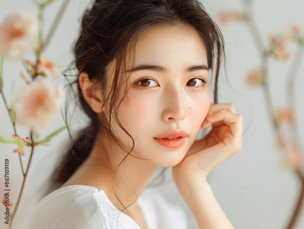 Captivating Portrait of a Serene Asian Beauty with Flawless Skin and Enchanting Gaze Captivating Portrait of a Serene Asian Beauty with Flawless Skin and Enchanting Gaze