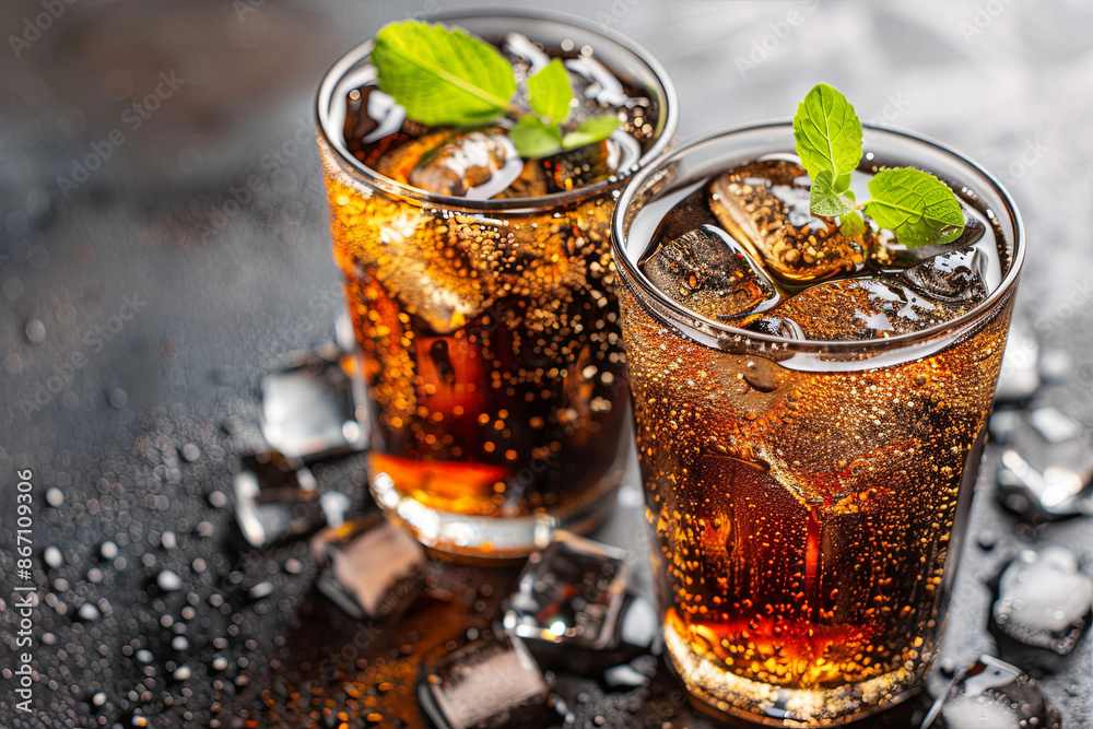 Refreshing brown soda with ice, cool beverage Refreshing brown soda with ice, cool beverage