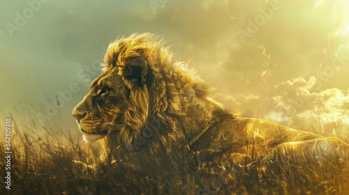 Majestic lion resting in a serene grassy field at sunset, exuding strength and tranquility under a golden sky. photo