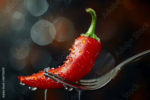 Red pepper with water droplets on a fork, fresh and vibrant photo