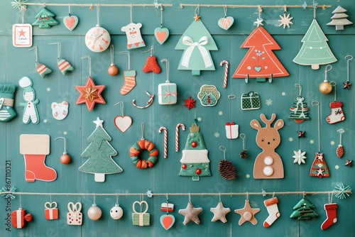 Festive Christmas decorations including trees, Santa, stars, and reindeer on a teal background, creating a cheerful holiday atmosphere.