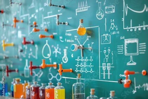 Detailed view of a chemistry lab with glassware, chemical reactions drawn on blackboard, showcasing scientific research and education.