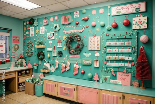 Festively decorated classroom with a Christmas theme, adorned with ornaments, lights, wreaths, and various holiday crafts.