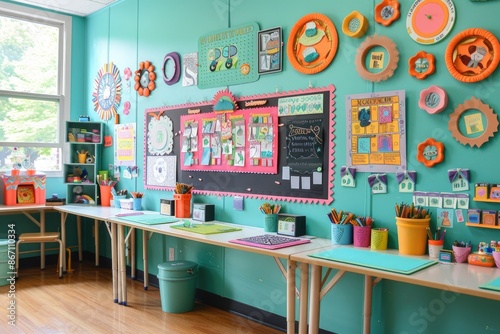 Vibrant classroom with colorful decorations and creative art supplies, ideal for early childhood education and creative learning environments.