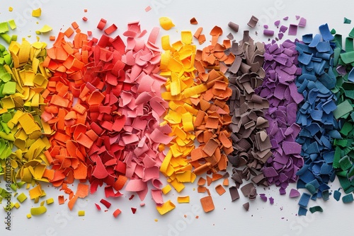 Vibrant spectrum of colorful paper pieces arranged in a gradient from red to blue, creating a stunning visual mosaic on a white background.