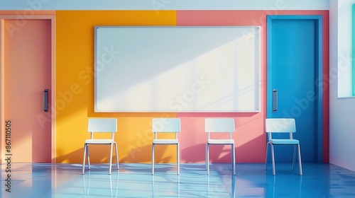 Wallpaper Mural Colorful classroom interior with whiteboard and five chairs, featuring bright yellow and blue doors and vibrant wall colors. Torontodigital.ca