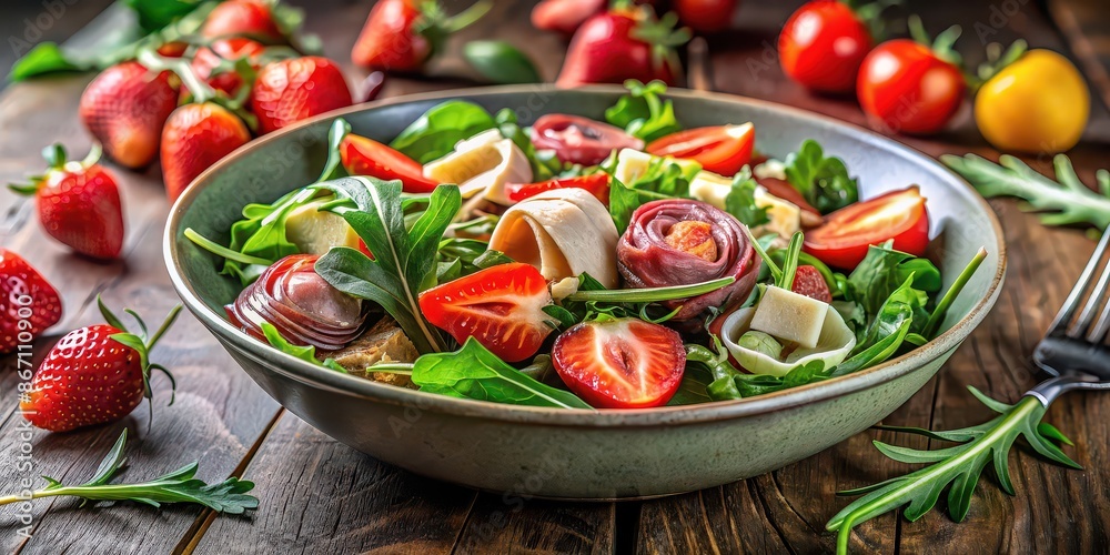 Bowl of salad with arugula, artichokes, tomatoes, strawberries, and jamon on a table, salad, arugula, artichokes Bowl of salad with arugula, artichokes, tomatoes, strawberries, and jamon on a table, salad, arugula, artichokes