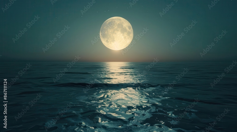 Serene full moon night over the ocean with a bright moon reflecting on calm waters creating a peaceful, tranquil atmosphere.