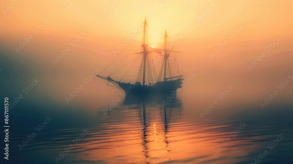 Serene sailboat silhouetted against a vibrant sunset, reflecting on calm, misty waters, creating a tranquil and dreamy seascape. Serene sailboat silhouetted against a vibrant sunset, reflecting on calm, misty waters, creating a tranquil and dreamy seascape.