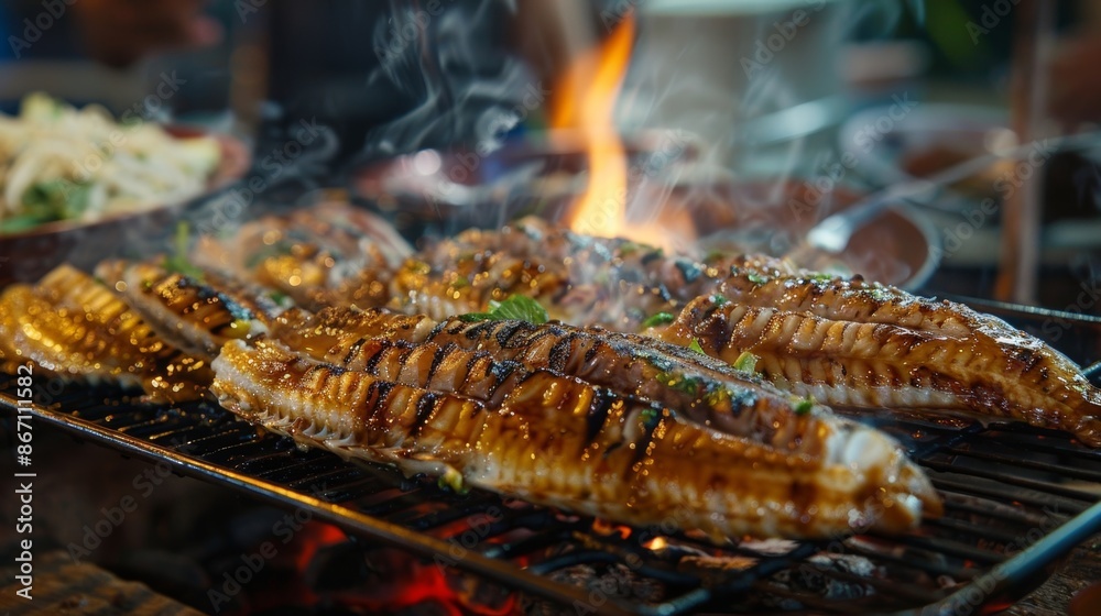 The aroma of grilled freshwater fish fills the air making mouths water in anticipation. The aroma of grilled freshwater fish fills the air making mouths water in anticipation.