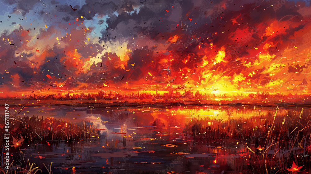 At sunset a dramatic storm struck the countryside with sheet lightning At sunset a dramatic storm struck the countryside with sheet lightning