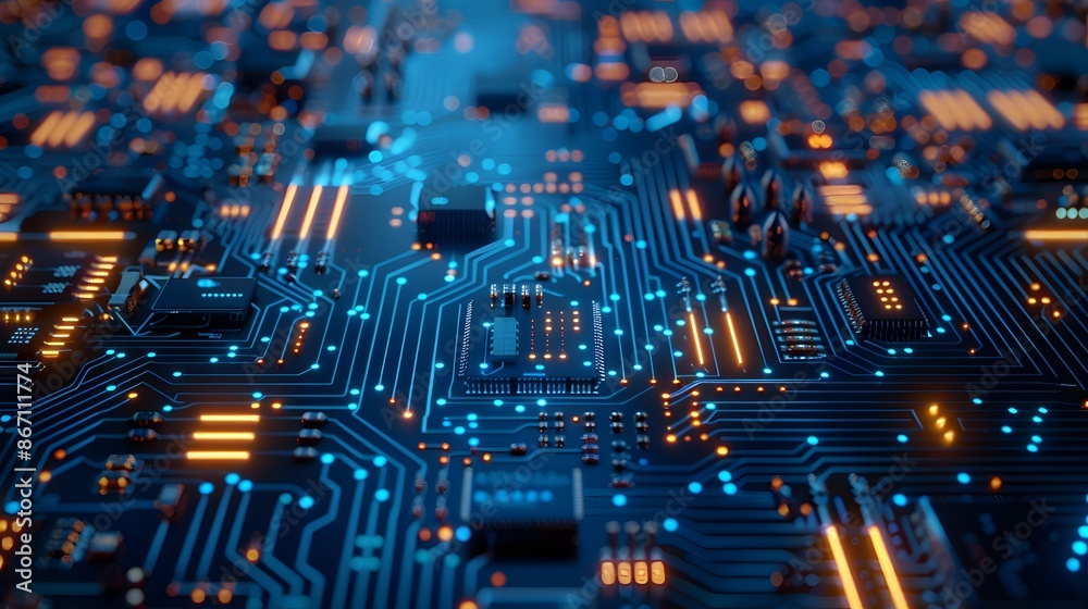 A blue circuit board with glowing chip components and data flowing through it, creating an abstract background for technology-themed designs. A blue circuit board with glowing chip components and data flowing through it, creating an abstract background for technology-themed designs.