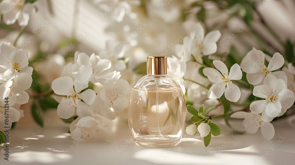 A bottle of perfume with white flowers in the background, light beige and gold style, clean background, minimalist. A bottle of perfume with white flowers in the background, light beige and gold style, clean background, minimalist.