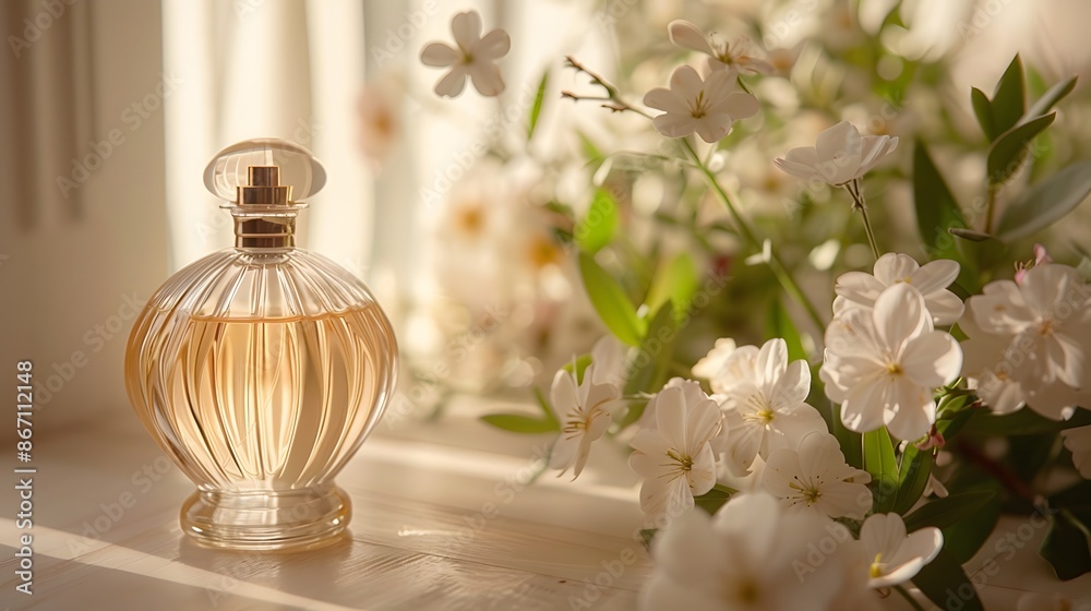 A bottle of perfume with white flowers in the background, light beige and gold style, clean background, minimalist. A bottle of perfume with white flowers in the background, light beige and gold style, clean background, minimalist.