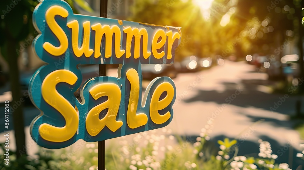 Bright Summer Sale sign outdoors with sunlit trees and street background promoting seasonal discounts Bright Summer Sale sign outdoors with sunlit trees and street background promoting seasonal discounts