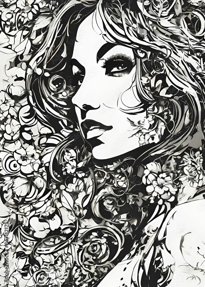 Women portrait Black and white art 90s style retro funky Women portrait Black and white art 90s style retro funky