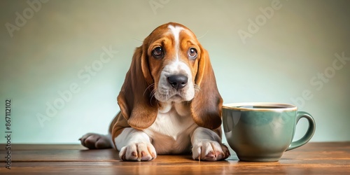 Cute basset hound puppy with coffee mug, basset hound, cute,puppy, dog, coffee, mug, funny, adorable, pet, canine photo