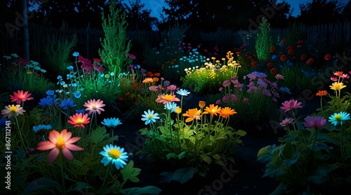 Flowers in the forest at night, Generative AI	