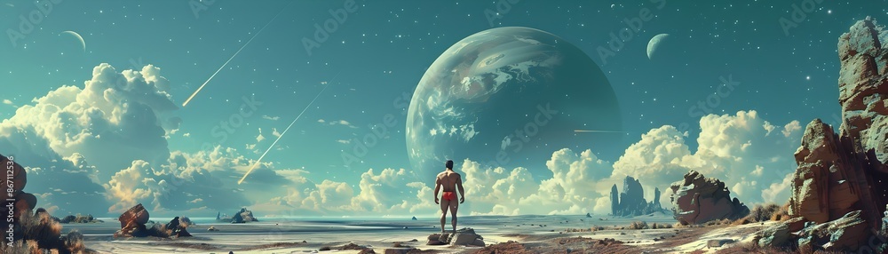 Fototapeta premium Bodybuilder Lifting Extraterrestrial Rocks on Alien Planet with Dual Moons