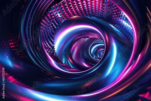 Fototapeta Naklejka Na Ścianę i Meble -  Abstract 3D rendering of a futuristic tunnel with glowing neon lights.  Perfect for technology, gaming, music, or science fiction themes.