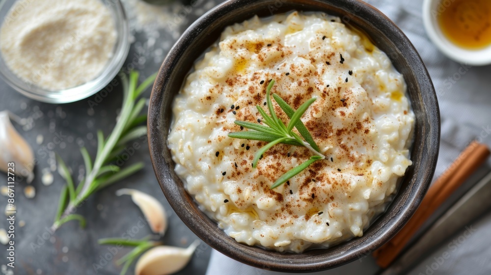 A cozy bowl of oatmeal topped with a sprinkle of cinnamon and rosemary for a warm and comforting breakfast. A cozy bowl of oatmeal topped with a sprinkle of cinnamon and rosemary for a warm and comforting breakfast.