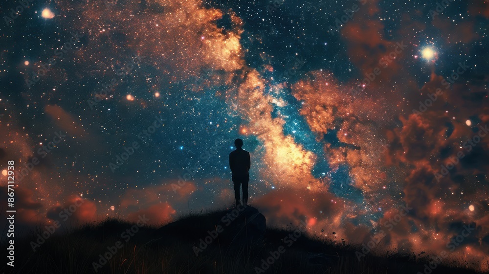 Silhouette of a person gazing at the vibrant, starry night sky filled with galaxies and cosmic clouds, creating a scene of wonder and awe. Silhouette of a person gazing at the vibrant, starry night sky filled with galaxies and cosmic clouds, creating a scene of wonder and awe.