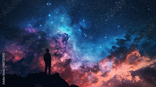 Galaxy with nebula, colorful clouds, celestial wonders, vast expanse, focus on, copy space, rich tones, Double exposure silhouette with interstellar gas © kitidach