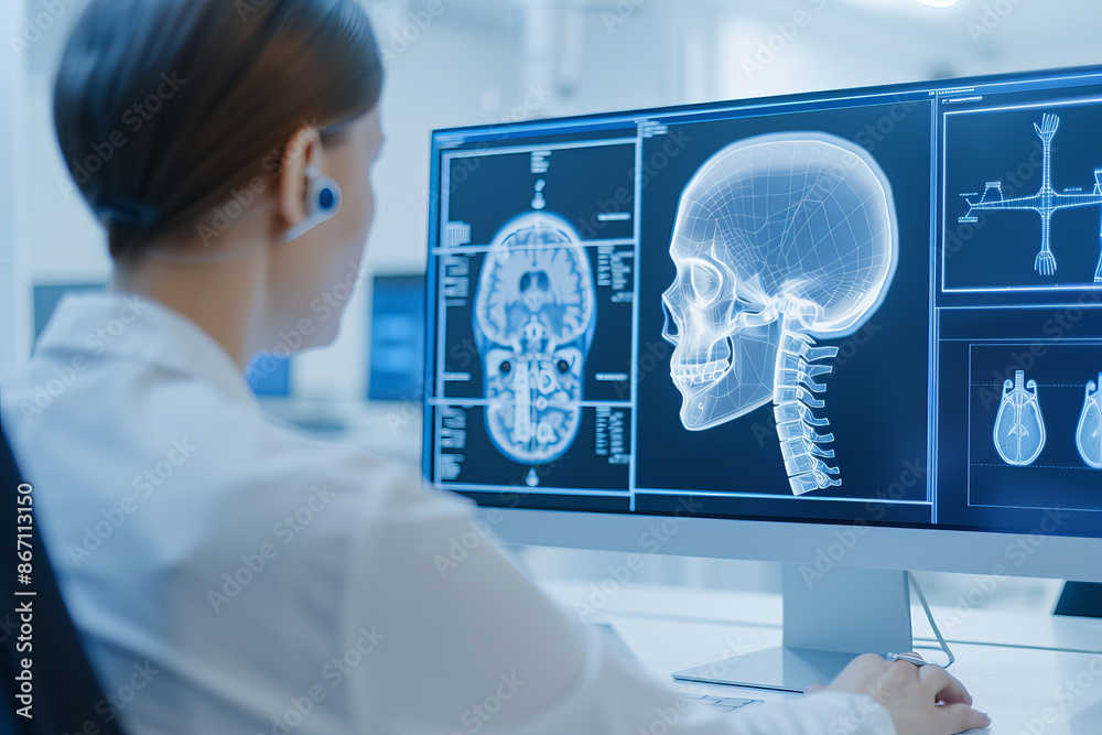 Medical professional analyzing brain scans on a computer monitor ...