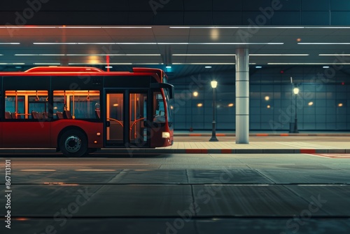 Red bus waiting at modern bus stop at night time